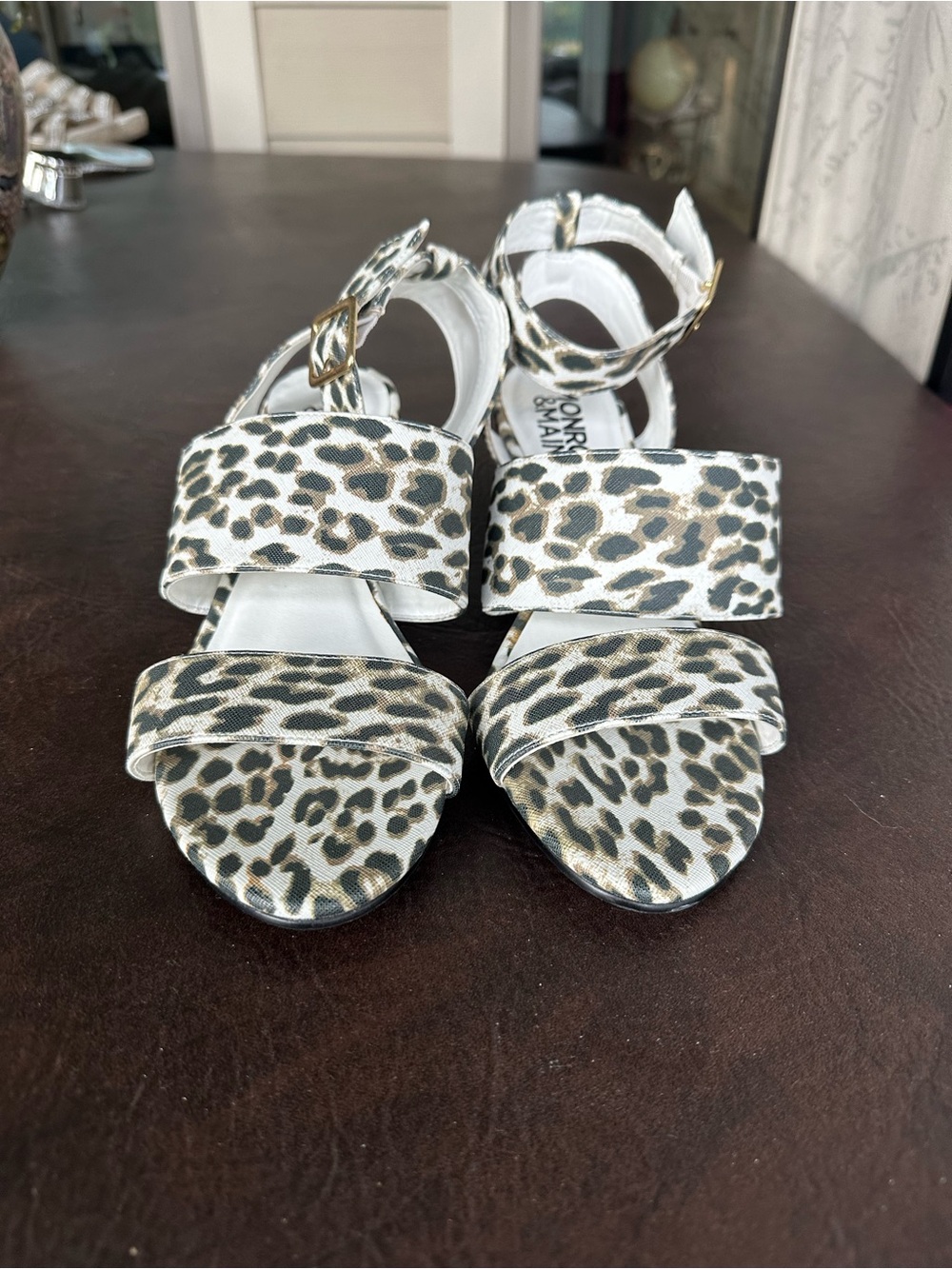 Monroe & Main Leopard Print Open-Toe Wedge Heels - White, Black, Tan